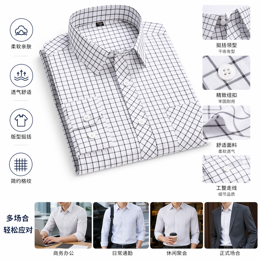 黑白格纹长袖衬衫男纯棉休闲商务正装衬衣