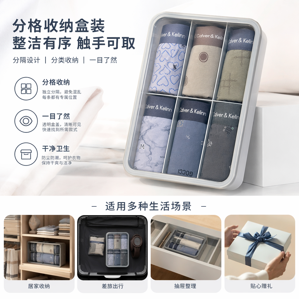 Calver & Kelinn透明塑料收纳盒装六条内裤