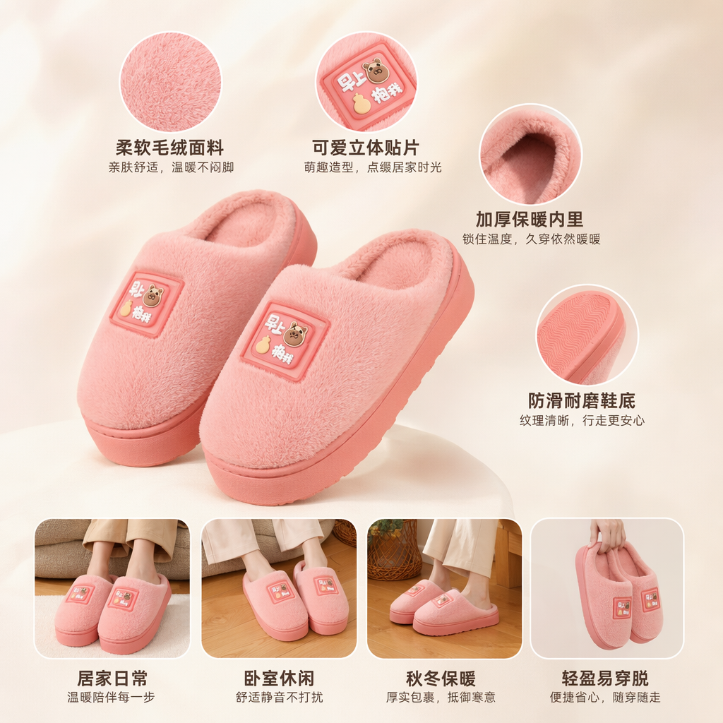 Pink plush slippers, women's home warm cotton slippers, couple style, thickened anti-slip indoor slippers