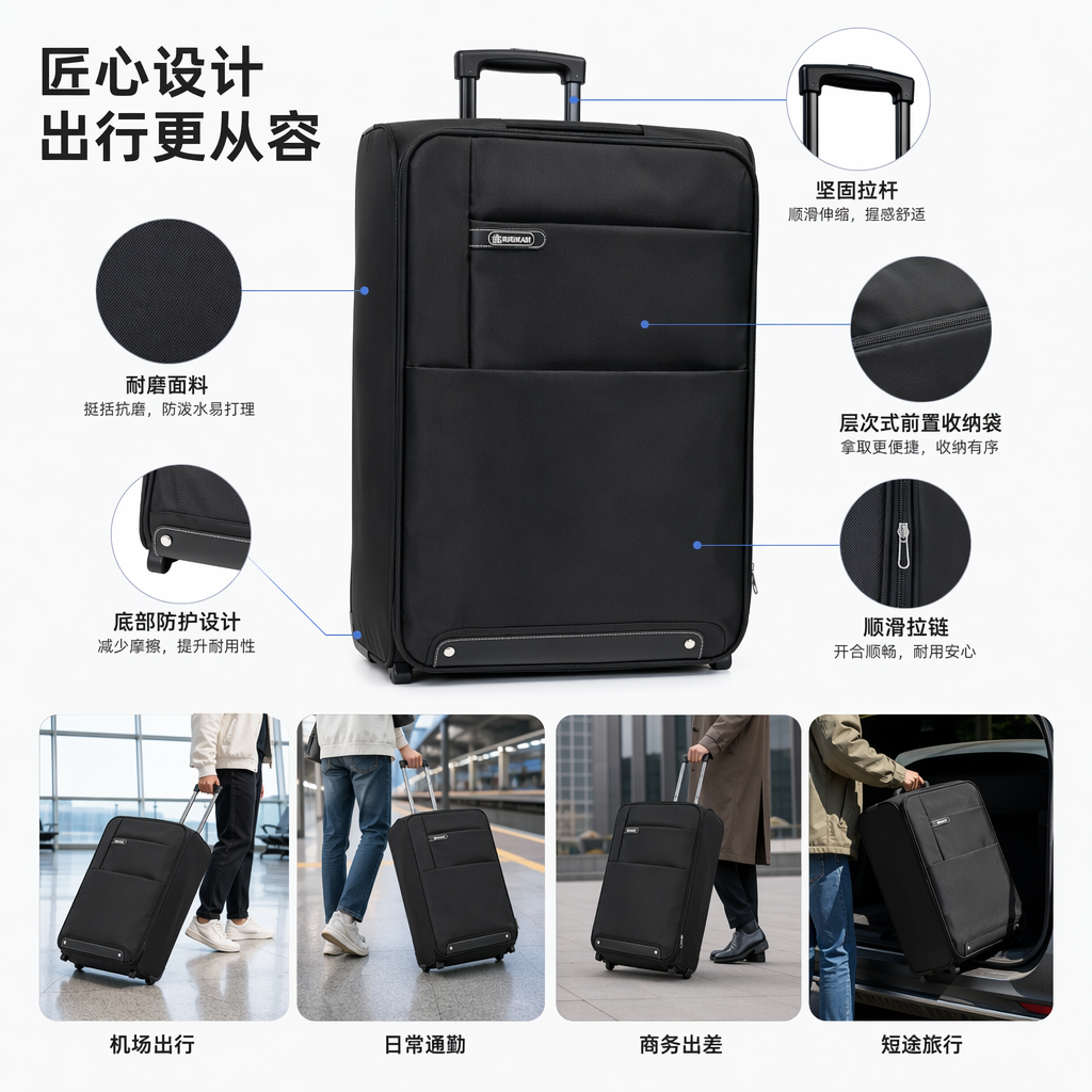 Black lightweight swivel wheel suitcase, 20-inch PC material wear-resistant and silent travel case
