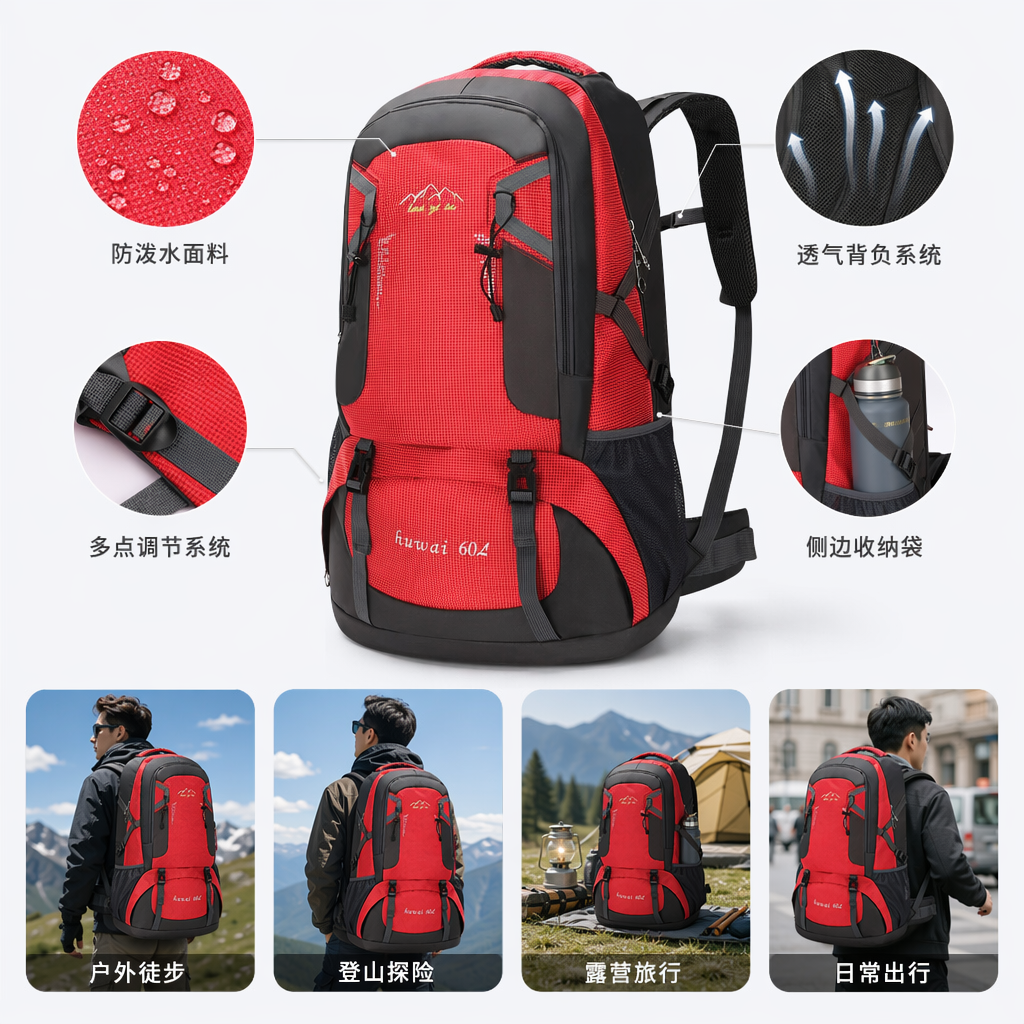 The red hiking bag is a large-capacity, lightweight outdoor travel backpack suitable for both men and women