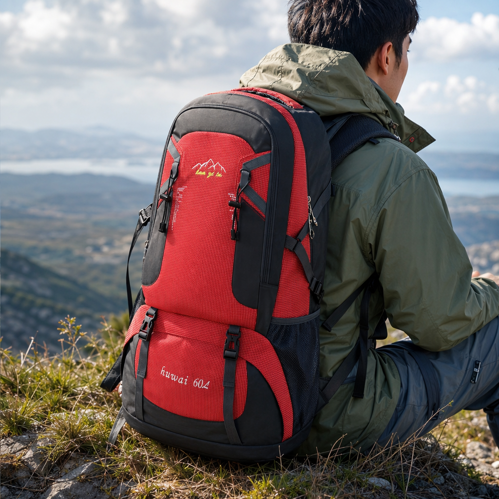 The red hiking bag is a large-capacity, lightweight outdoor travel backpack suitable for both men and women details Picture