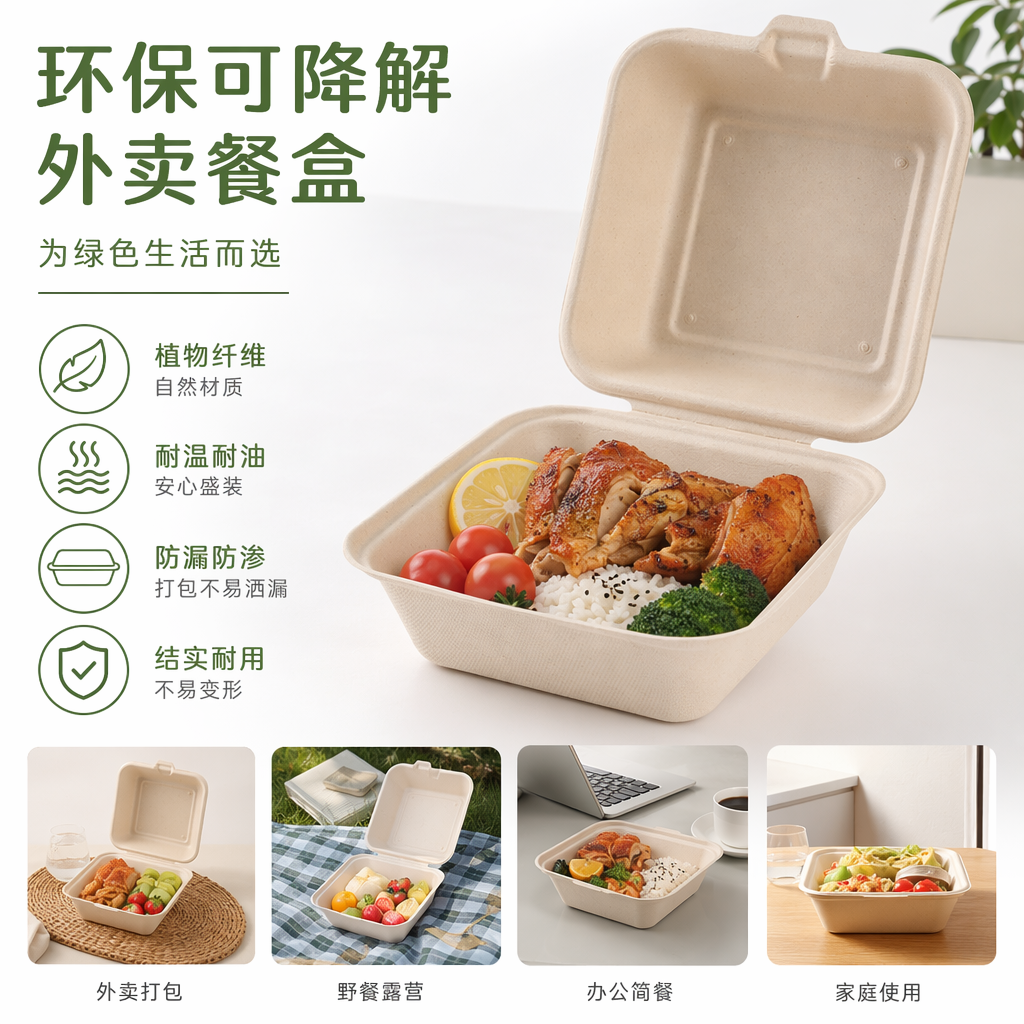 米色方形汉堡盒食品级PP材质可密封外卖打包盒