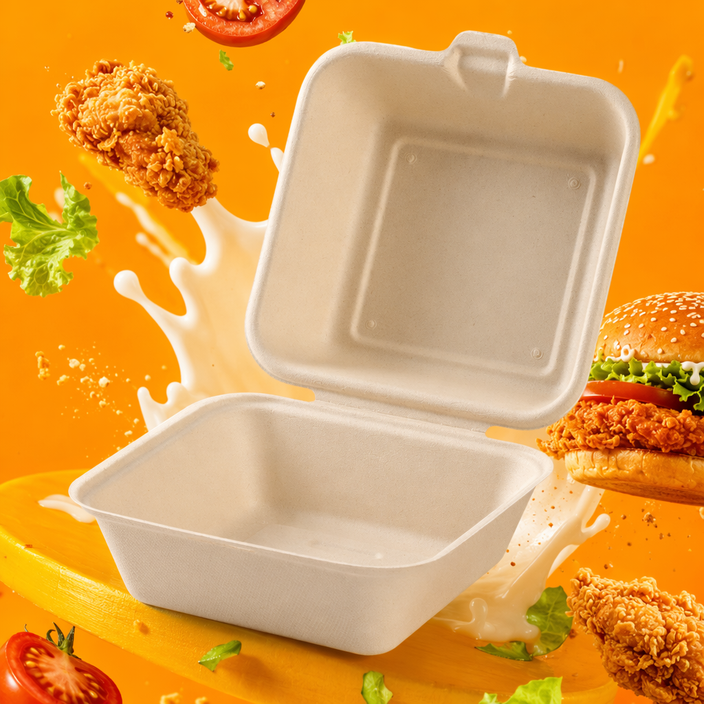 The beige square hamburger box made of food-grade PP material can be used to seal takeout packaging boxes Specification image