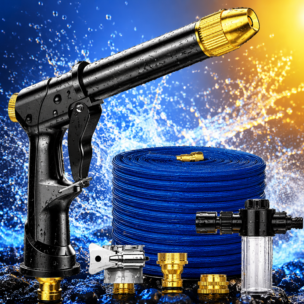 Pistola de agua de alta presión negro con manguera telescópica azul para limpieza doméstica ahorro de agua durable Specification image