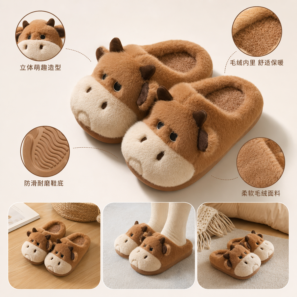Cute, soft and warm indoor cotton slippers in the shape of a plush bull head