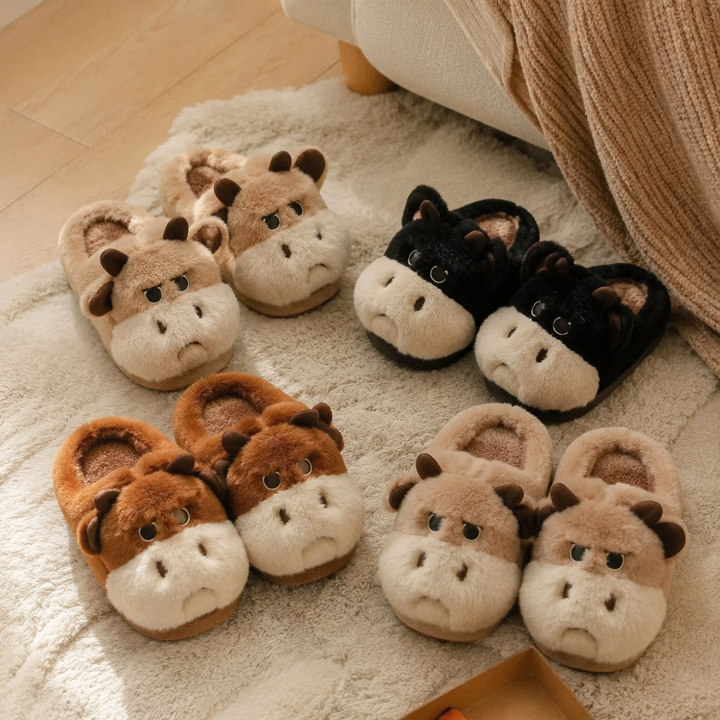 Cute, soft and warm indoor cotton slippers in the shape of a plush bull head details Picture