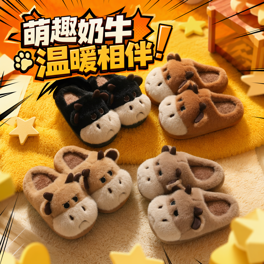Cute, soft and warm indoor cotton slippers in the shape of a plush bull head Specification image