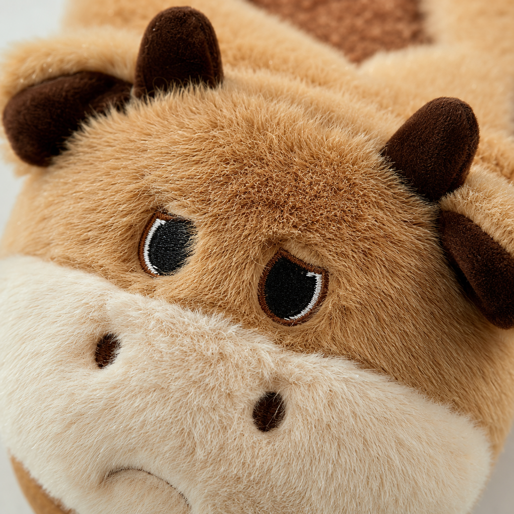 Cute, soft and warm indoor cotton slippers in the shape of a plush bull head Application Scenario