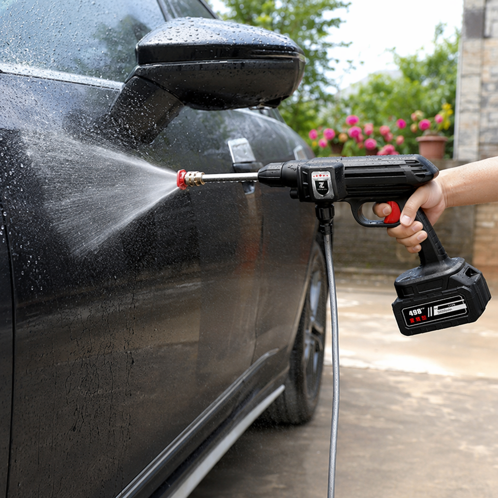 Lavadora de coches eléctrica de litio inalámbrica negra con boquilla roja base de batería kit de herramientas con manguera incluida boquilla tanque de agua blanco details Picture
