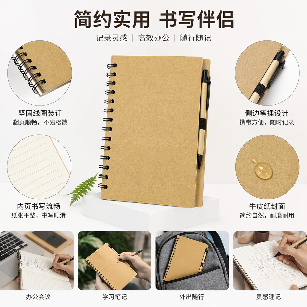 棕色螺旋笔记本配黑色笔简约学生办公用品