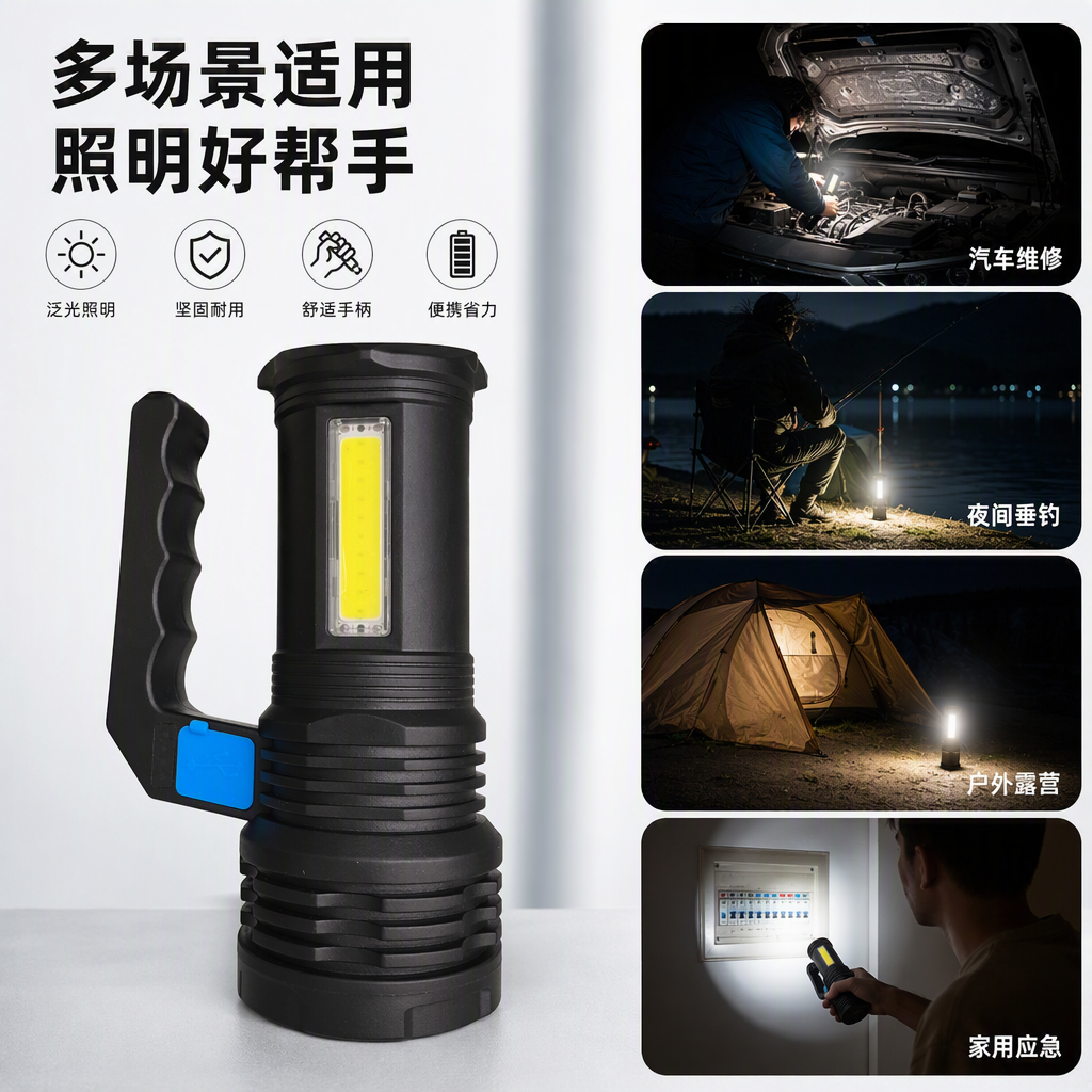Black metal body high-intensity flashlight for outdoor camping emergency lighting