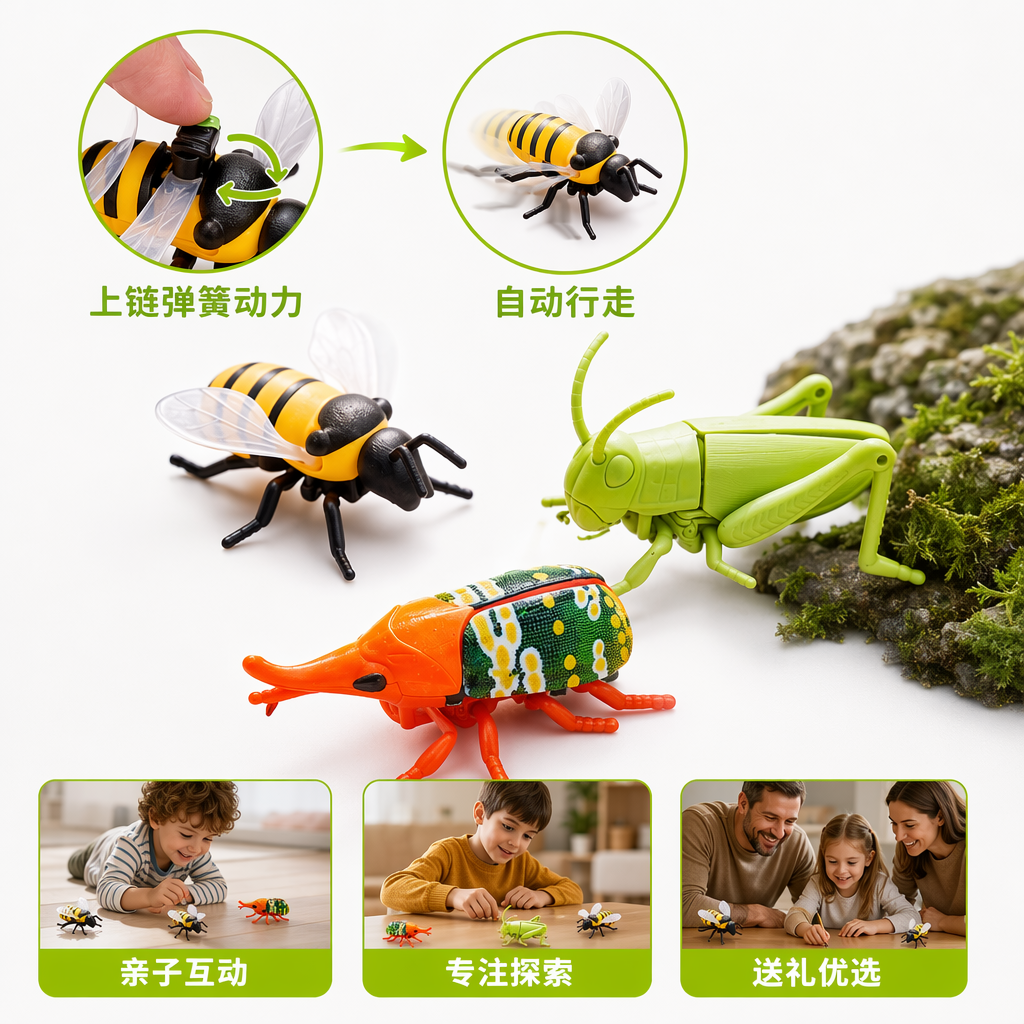Color walking insect toy set 12 modelos movibles abejas conteniendo ojo de dragón pollo saltamontes madera musgo fondo