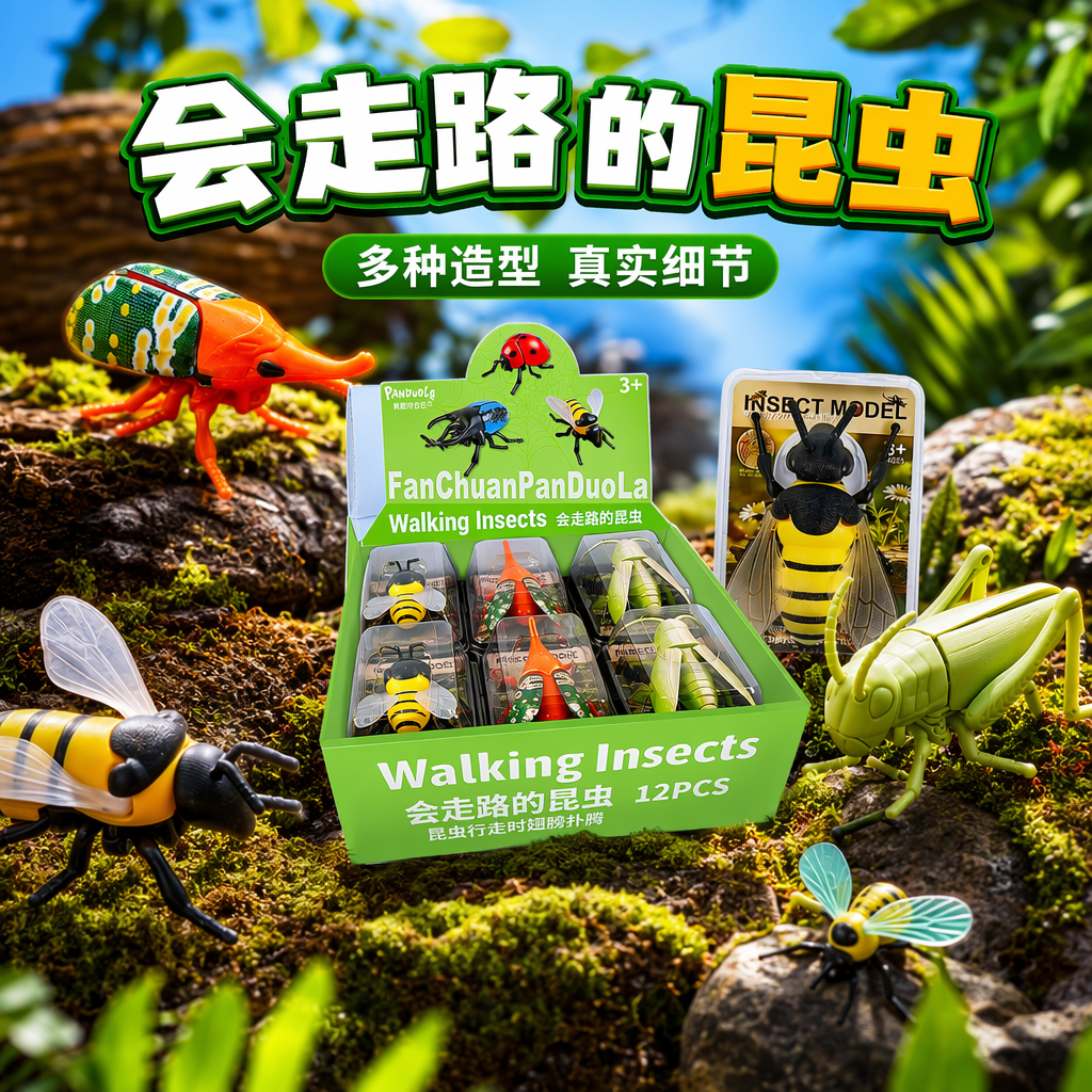 Color walking insect toy set 12 modelos movibles abejas conteniendo ojo de dragón pollo saltamontes madera musgo fondo Specification image