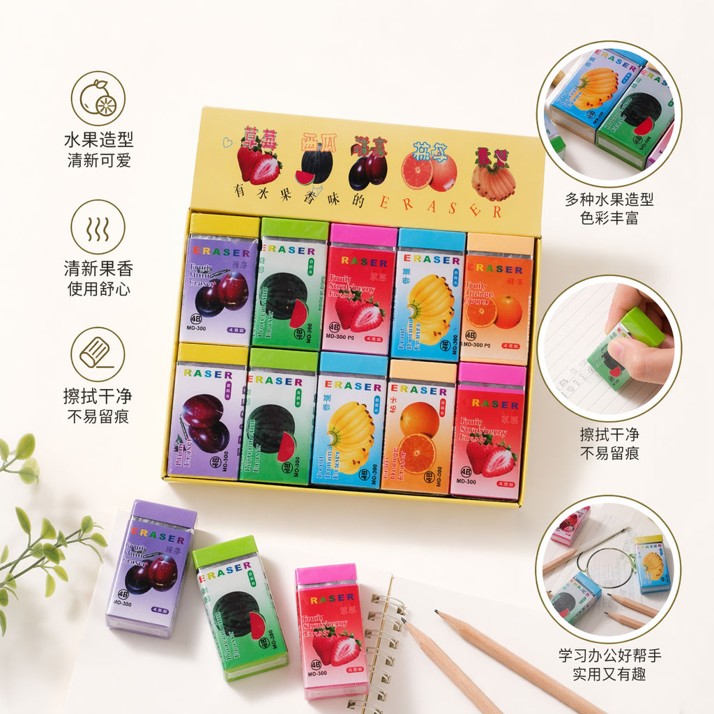 彩色水果味橡皮擦盒12色创意学生文具办公用品