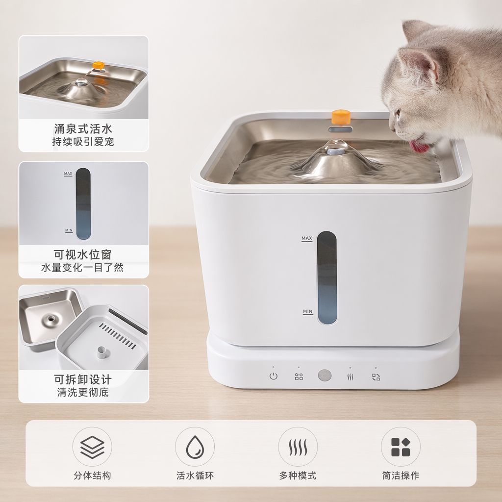 White pet water dispenser with silent circulation and automatic constant flow, suitable for cats and dogs