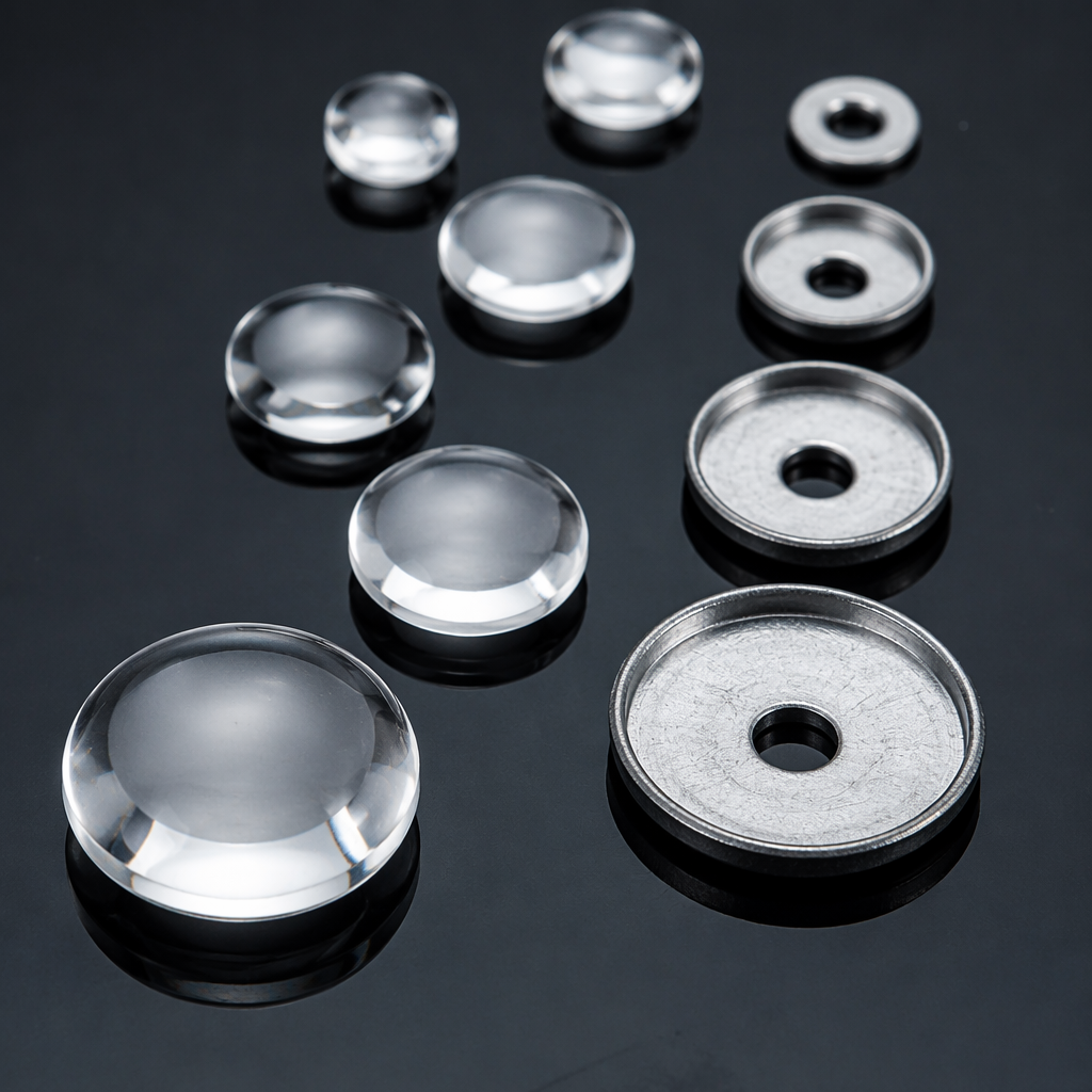 DIY handmade clothing accessories with silver metal buttons and transparent spherical cover pieces Application Scenario