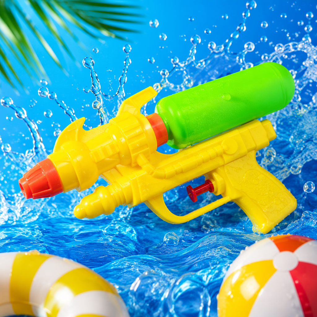 Yellow water gun with green water storage bottle, children's toy in transparent plastic packaging Specification image