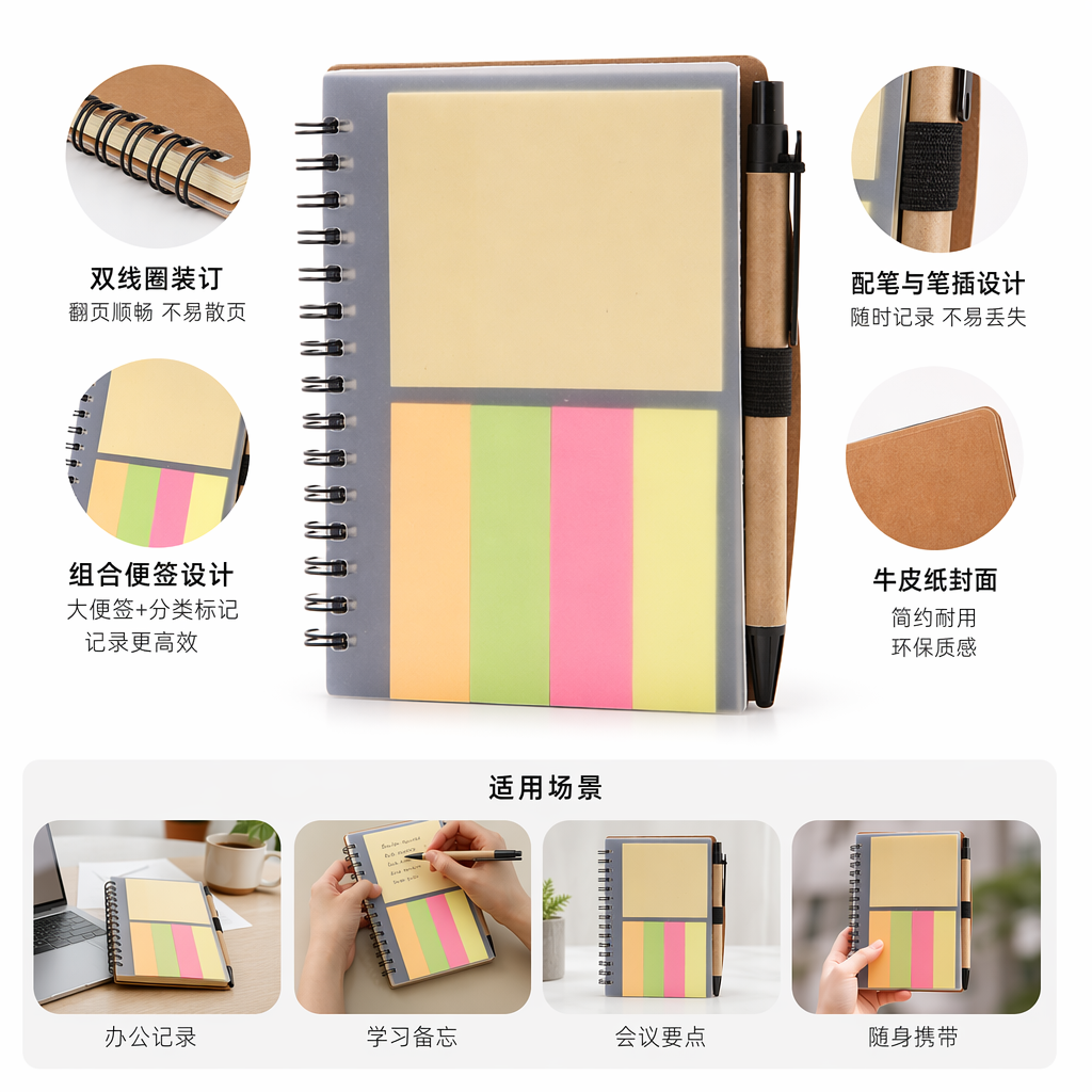 彩色便签本配钢笔套装简约办公文具学生用多色记事本