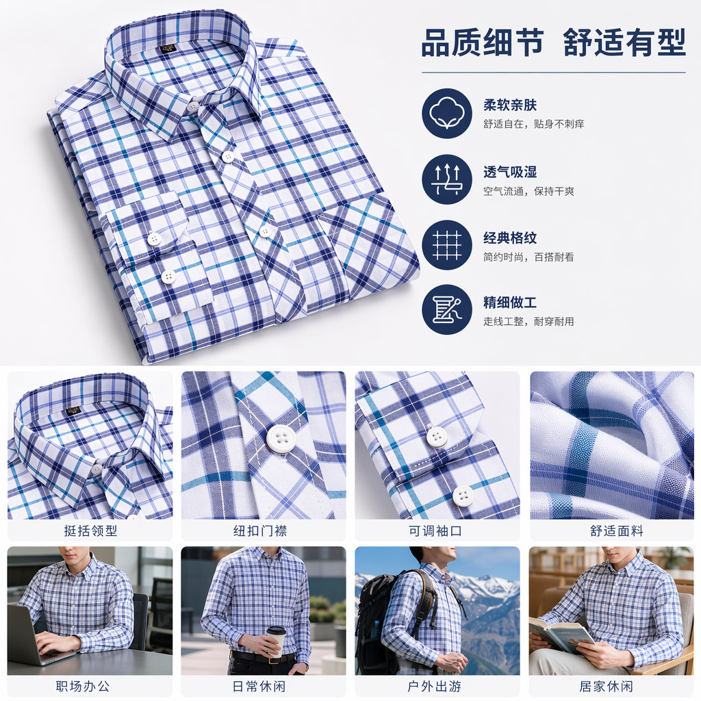 蓝白格纹长袖衬衫男纯棉休闲商务百搭款