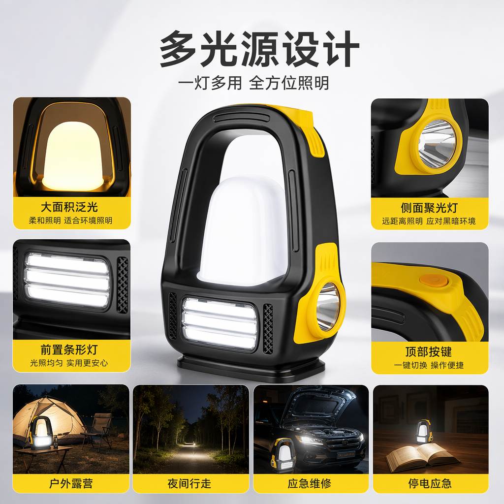 Black yellow-rimmed portable outdoor camping lighting fixture
