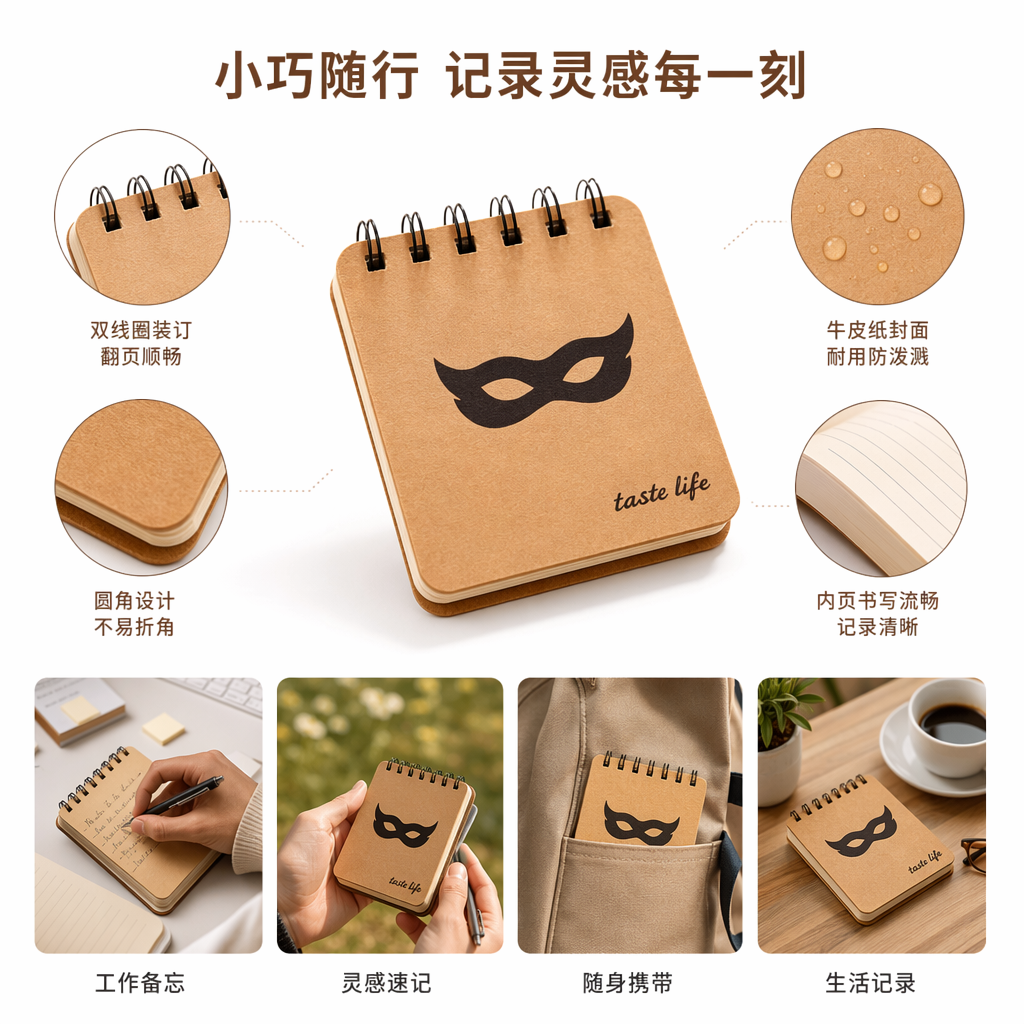 棕色螺旋笔记本封面黑色面具图案taste life字样