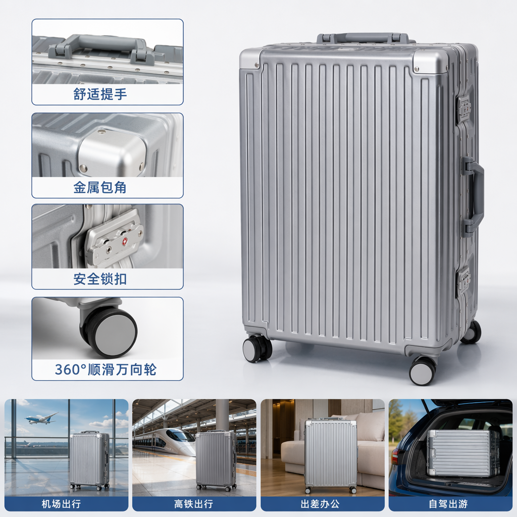 Silver swivel wheel suitcase, 20-inch lightweight and wear-resistant travel case