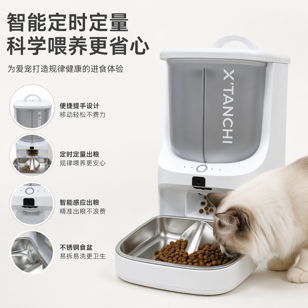 White intelligent pet feeder, an automatic timed and quantified feeding machine