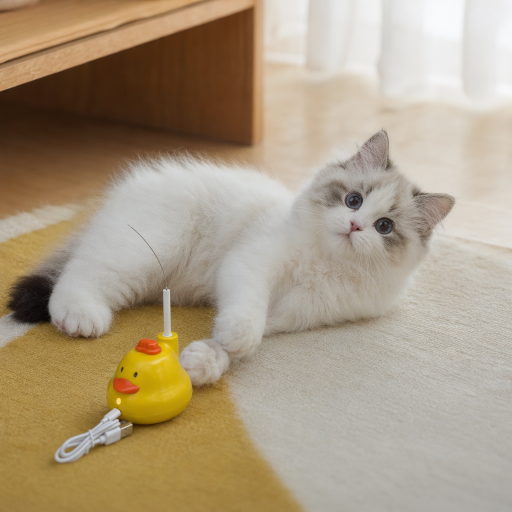 The yellow duck-shaped cute and adorable electric intelligent cat toy is both fun and educational details Picture