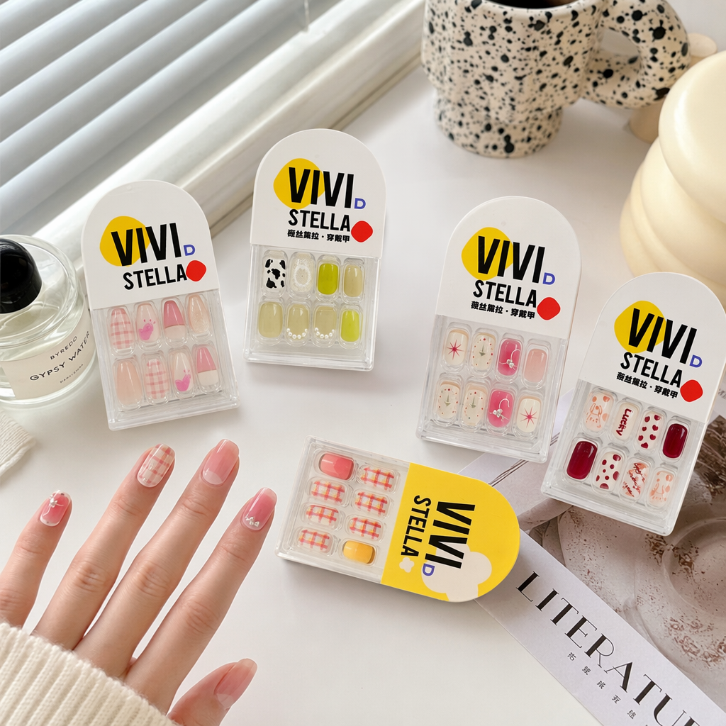VIVI STELLA Colorful nail Art Sheet Adhesive Nail Set includes multiple nail art sheets and accessories, as well as a white display stand details Picture