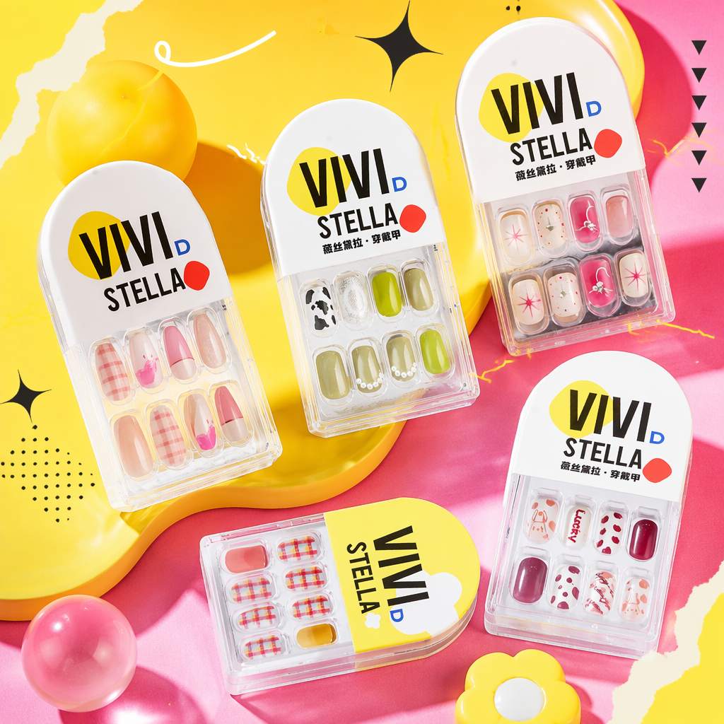 VIVI STELLA Colorful nail Art Sheet Adhesive Nail Set includes multiple nail art sheets and accessories, as well as a white display stand Specification image