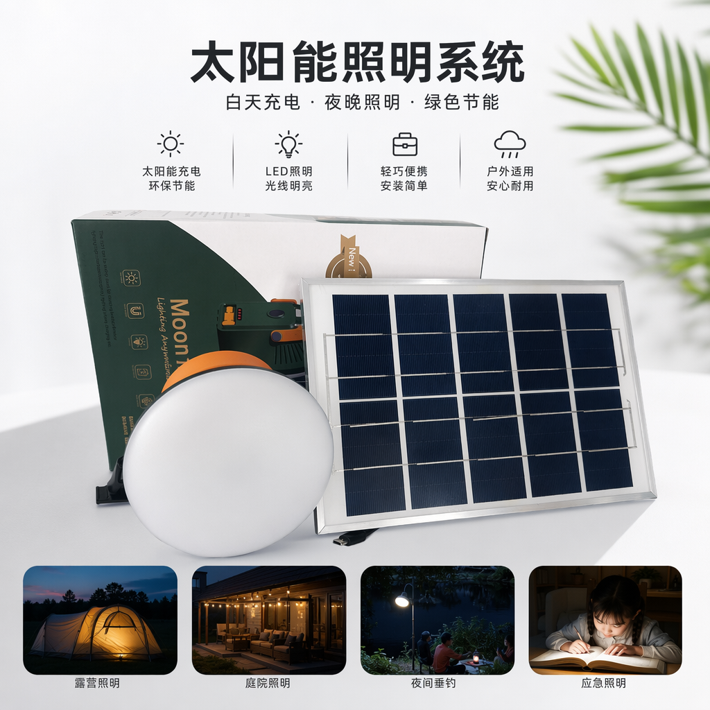 White circular solar light strips and solar panels for outdoor courtyard lighting