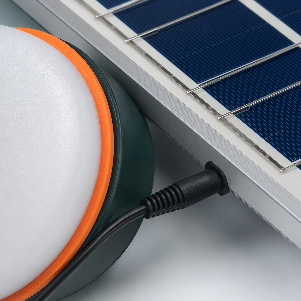 White circular solar light strips and solar panels for outdoor courtyard lighting Application Scenario