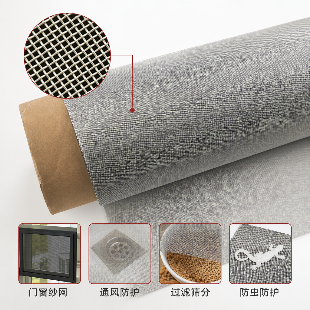 The silver-gray stainless steel wire mesh roll with plain weave and brown paper tube packaging have clear grid details