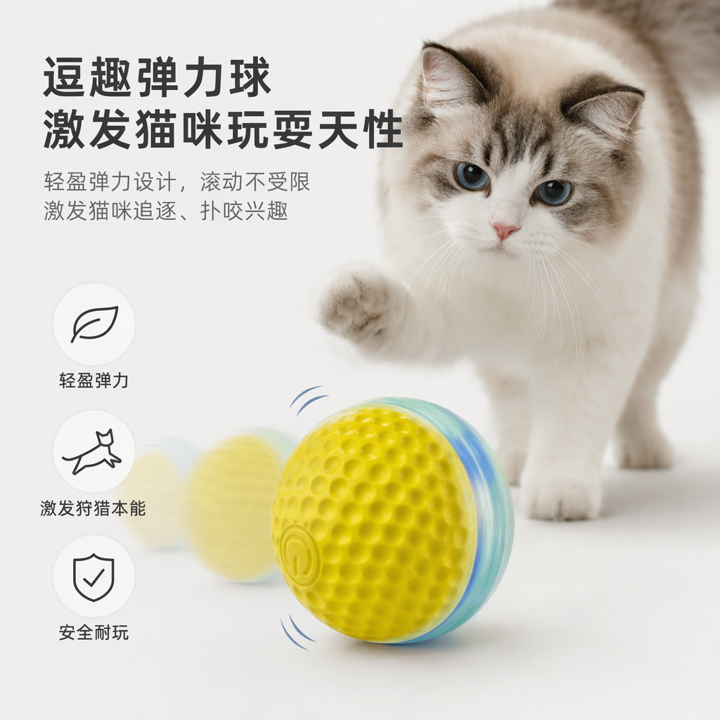 The yellow and blue honeycomb-shaped cat-teasing bouncy ball is smart and rechargeable