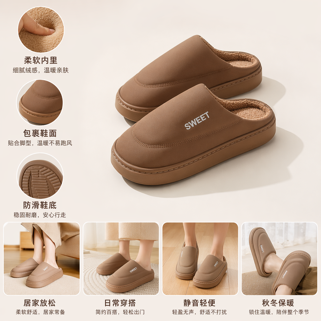 The beige cotton slippers for ladies' home are soft, anti-slip and suitable for all seasons