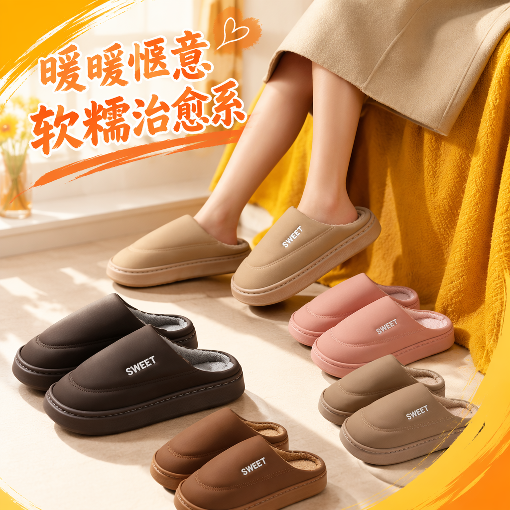 The beige cotton slippers for ladies' home are soft, anti-slip and suitable for all seasons Specification image