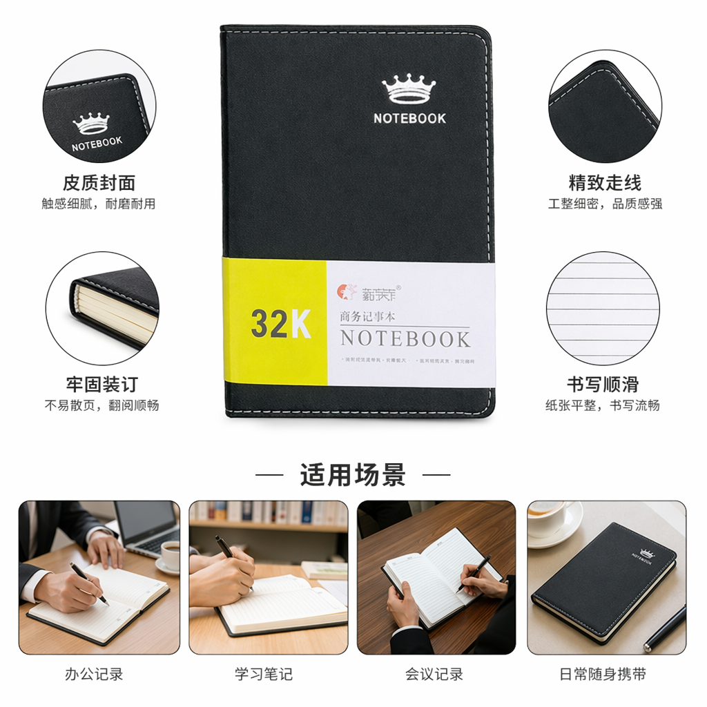 Cuaderno de tapa negra con logotipo corona etiqueta amarilla y blanca