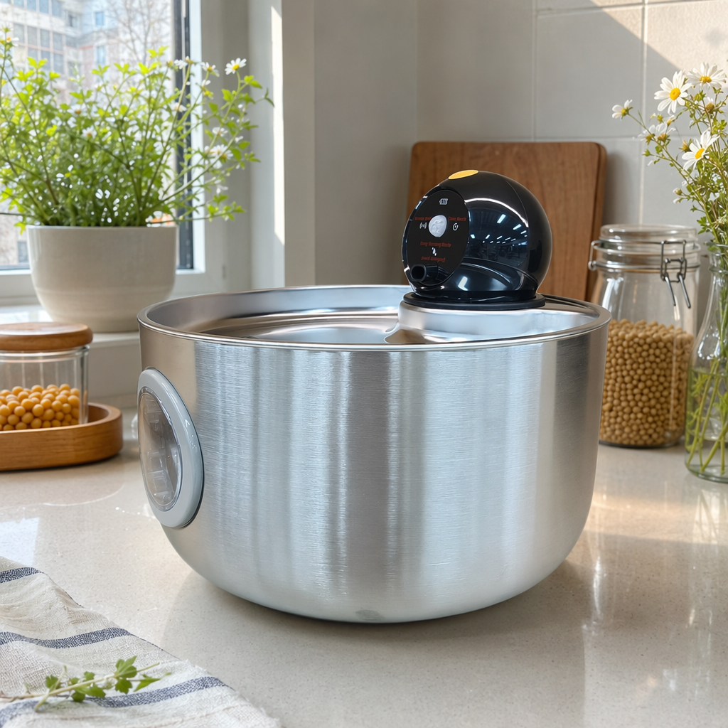 The silver stainless steel smart water dispenser for pets features silent circulation filtration and automatic water supply details Picture