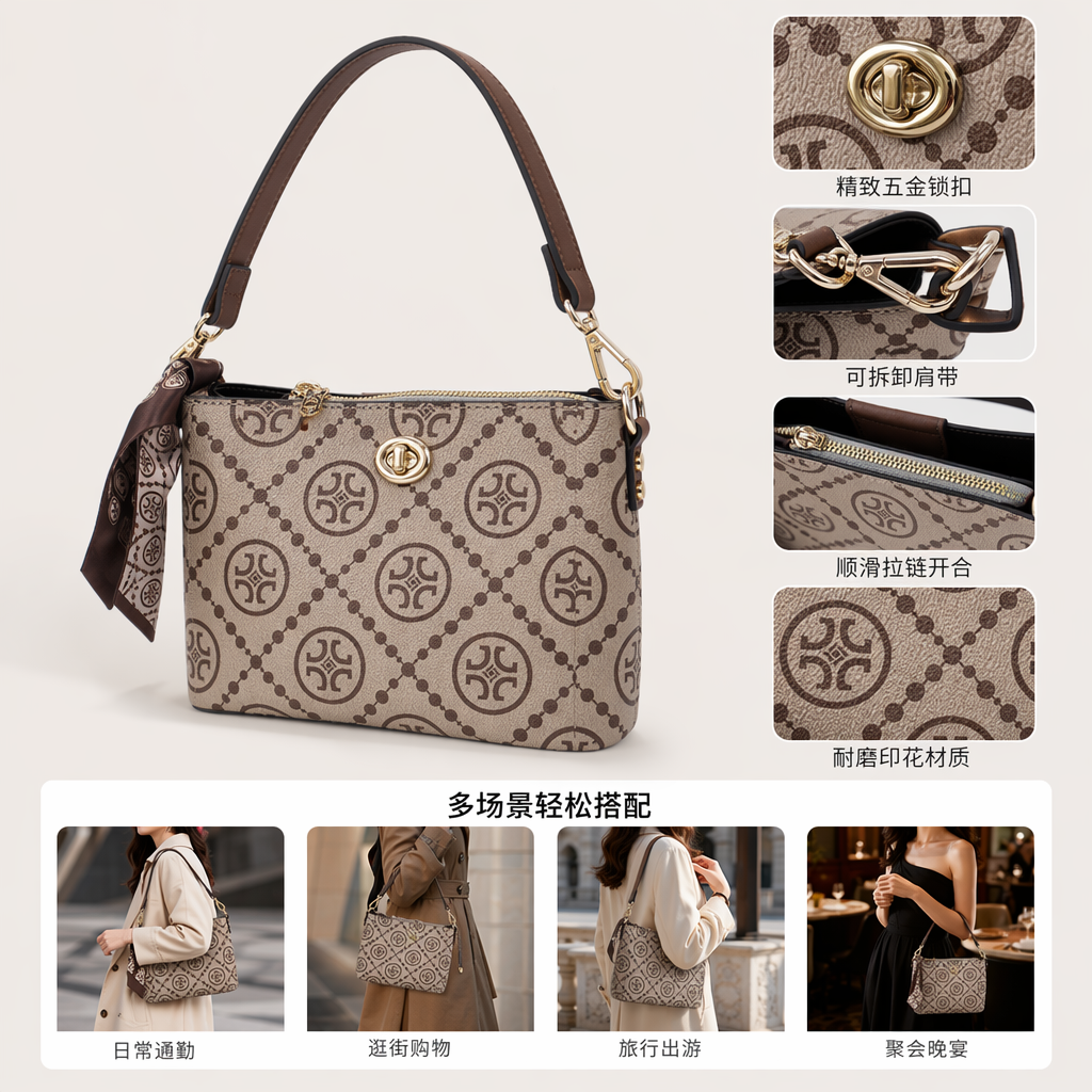 Beige handbag with brown patterns, a fashionable single-shoulder bag for women's commuting