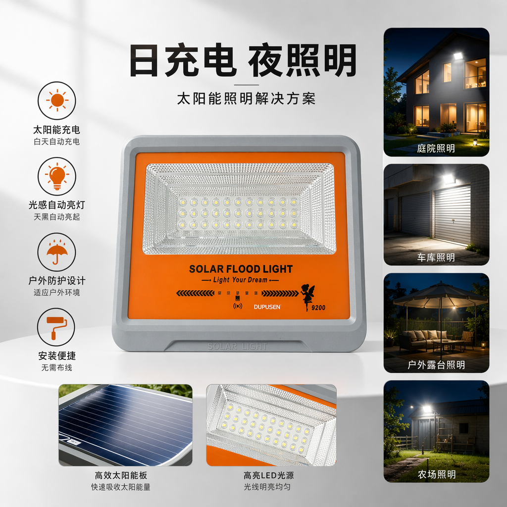 灰色外壳太阳能泛光灯30W IP65庭院草坪照明