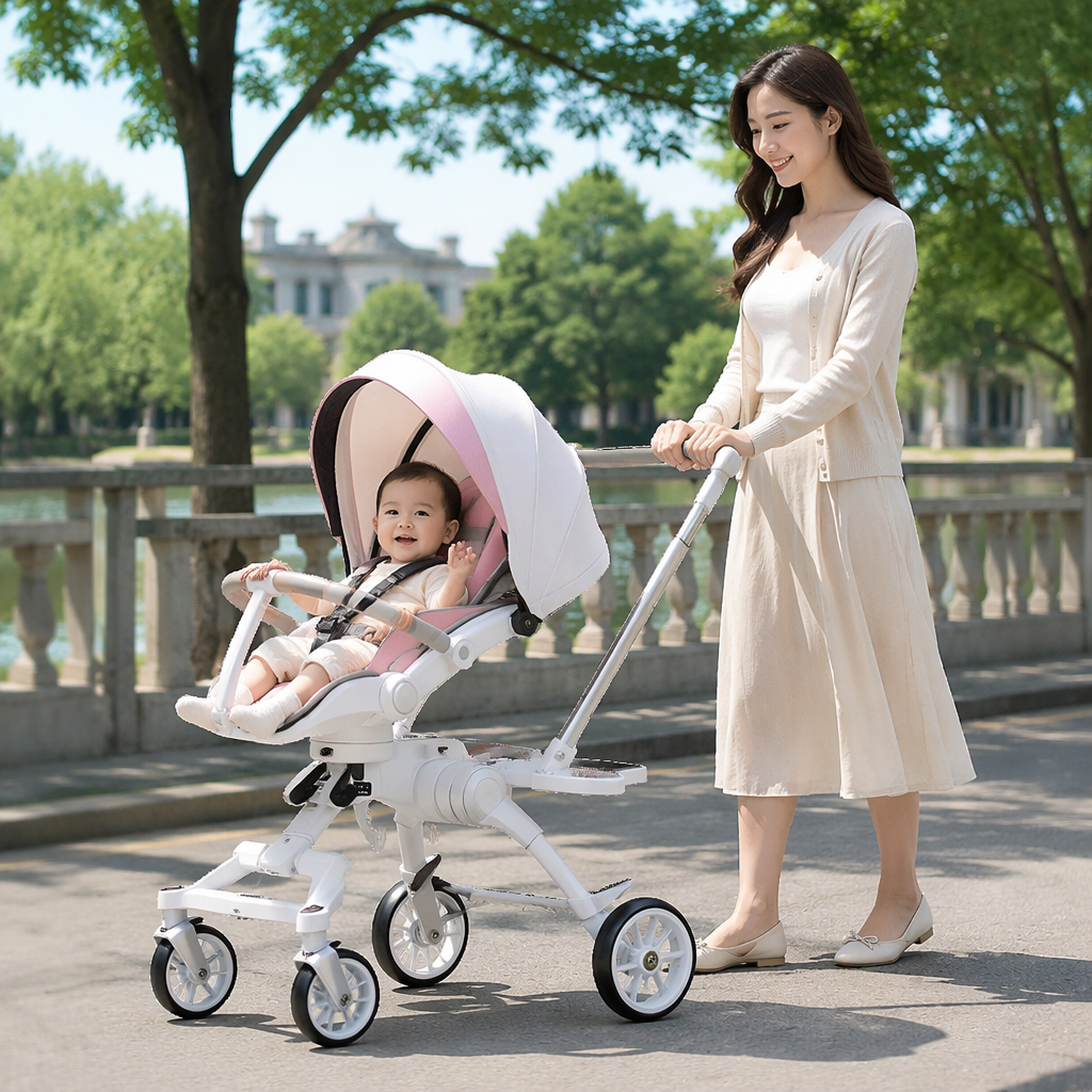 Baby strollers, baby products, high landscape shock absorption, reclining strollers that can be pushed in both directions Application Scenario