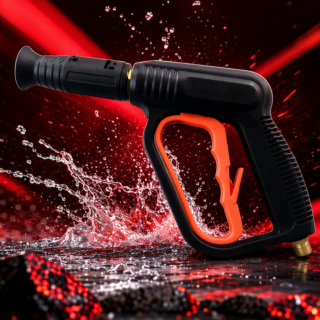 A portable household powerful cleaning device with a black high-pressure water gun and an orange trigger Specification image