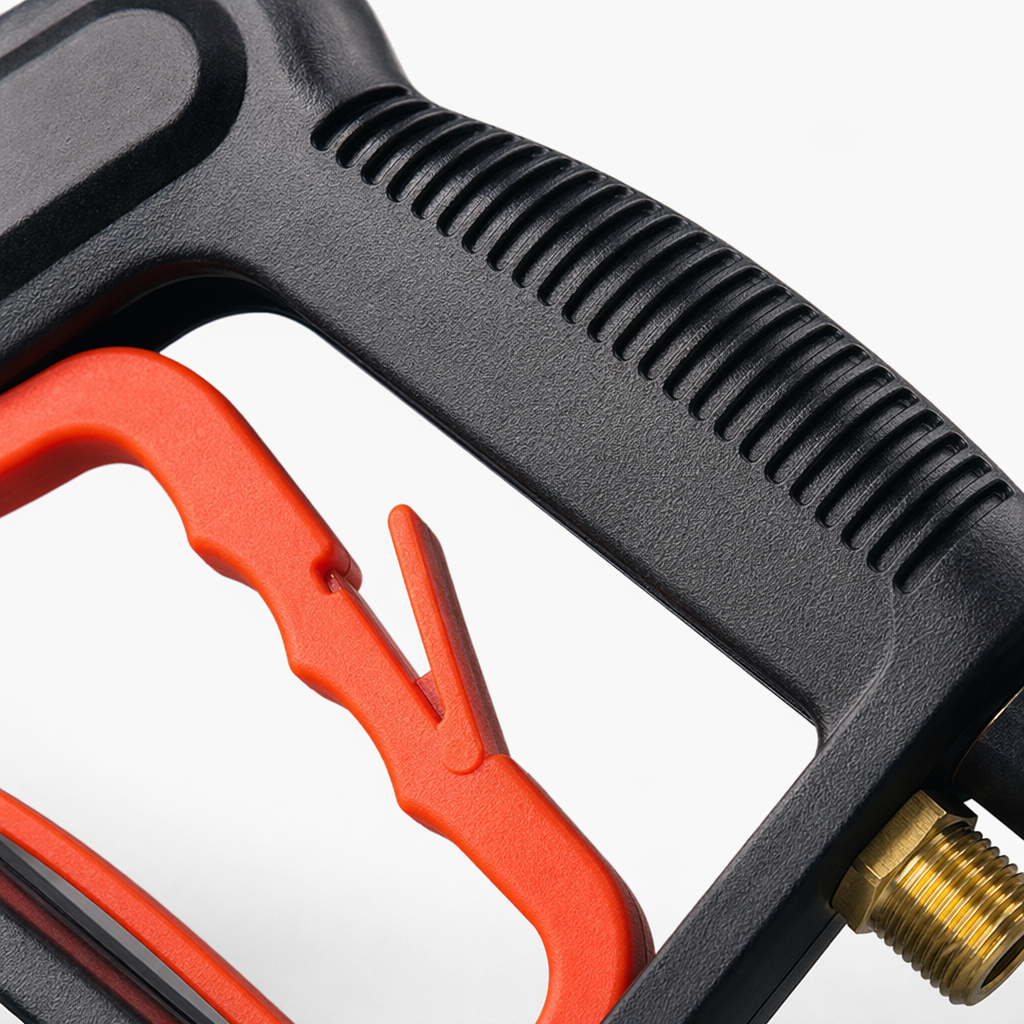 A portable household powerful cleaning device with a black high-pressure water gun and an orange trigger Application Scenario