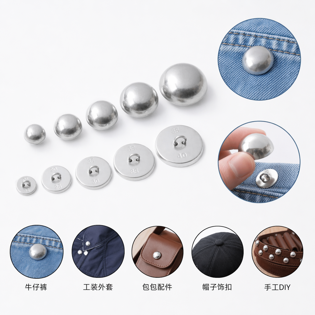 Silver metal button clothing accessories are universal for clothes, trousers, shirts and denim jackets