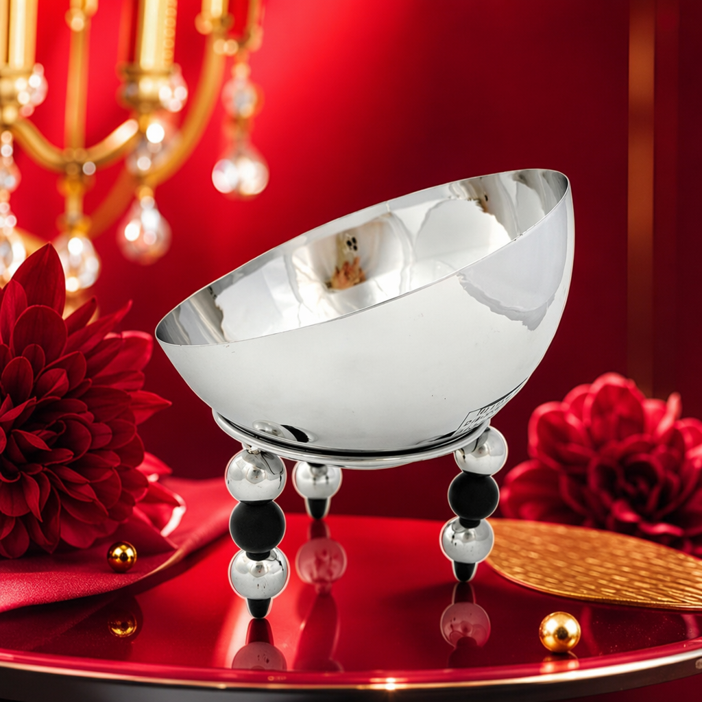 A silver metal bowl-shaped dining bowl with black and silver spherical feet Specification image