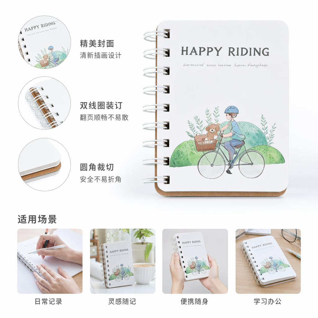 White spiral notebook "HAPPY RIDING a Bike with a Puppy" illustration cover
