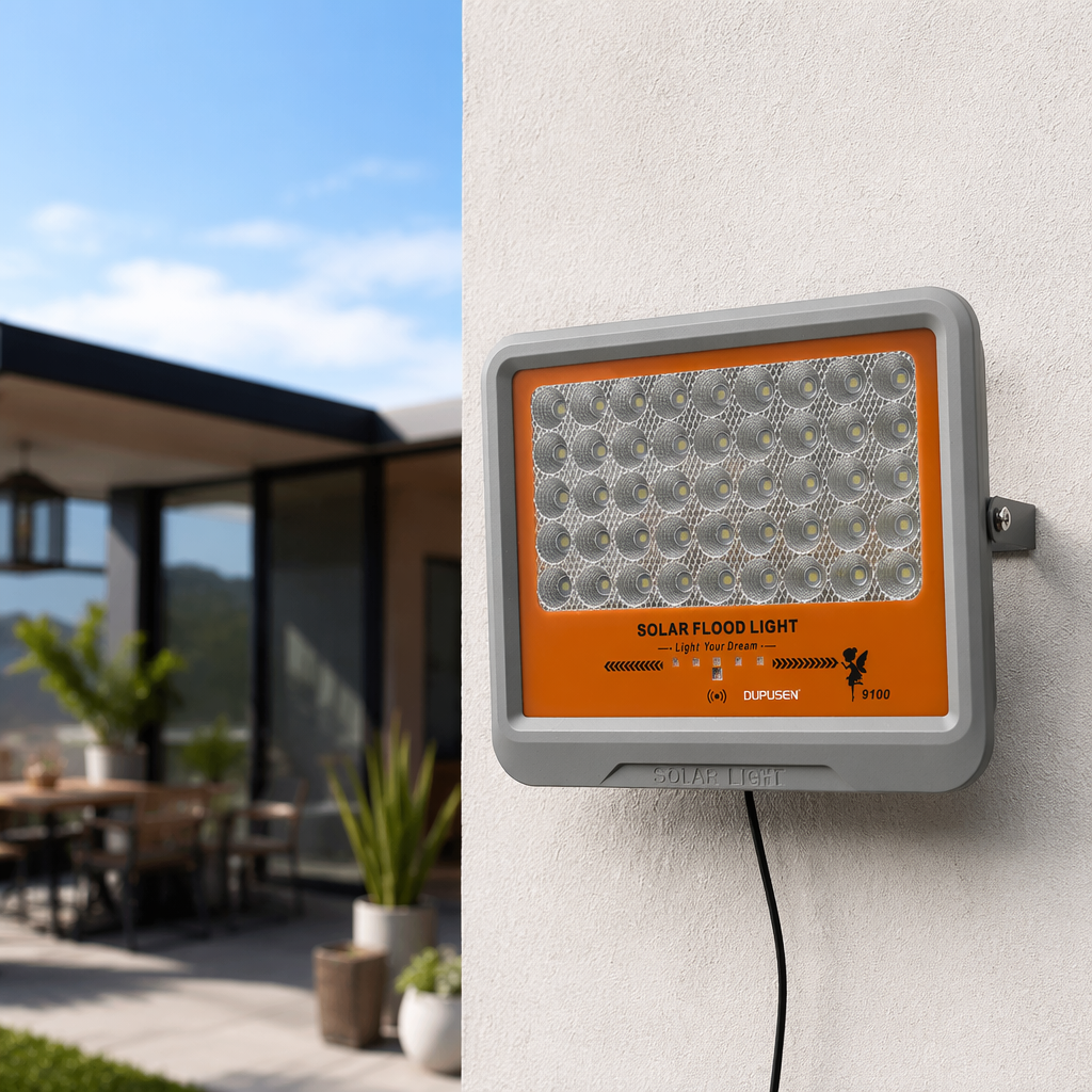 Grey frame and orange panel solar floodlight for outdoor lighting, waterproof and energy-saving details Picture