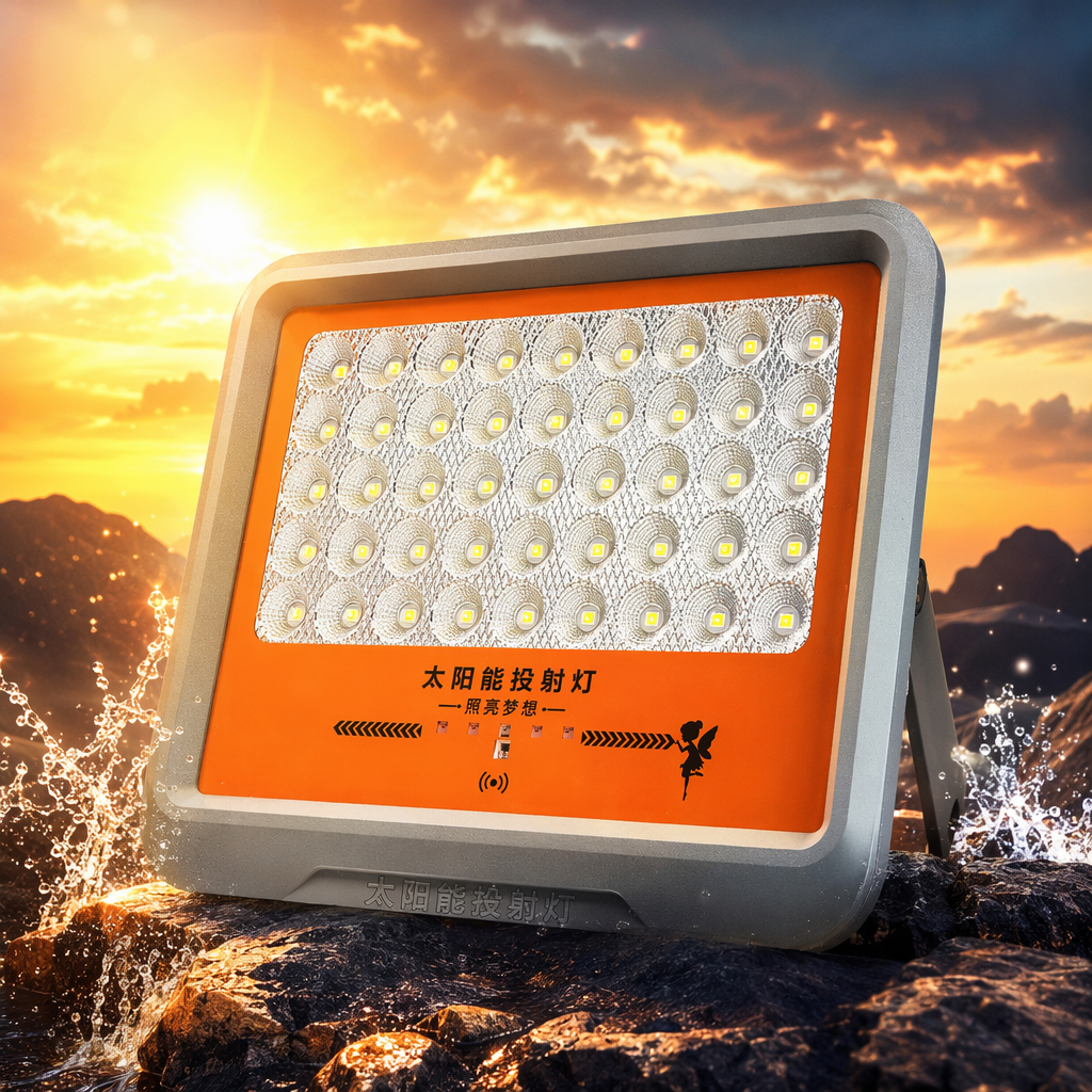 Grey frame and orange panel solar floodlight for outdoor lighting, waterproof and energy-saving Specification image