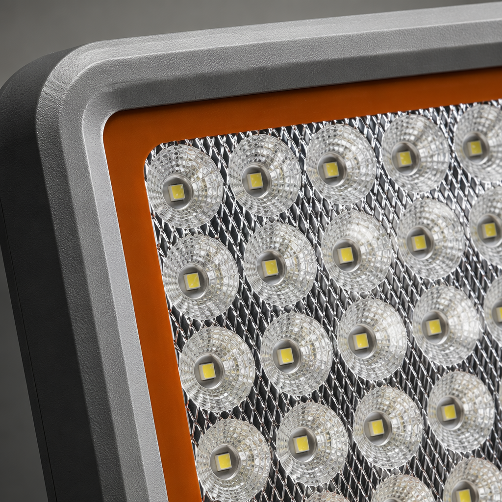 Grey frame and orange panel solar floodlight for outdoor lighting, waterproof and energy-saving Application Scenario